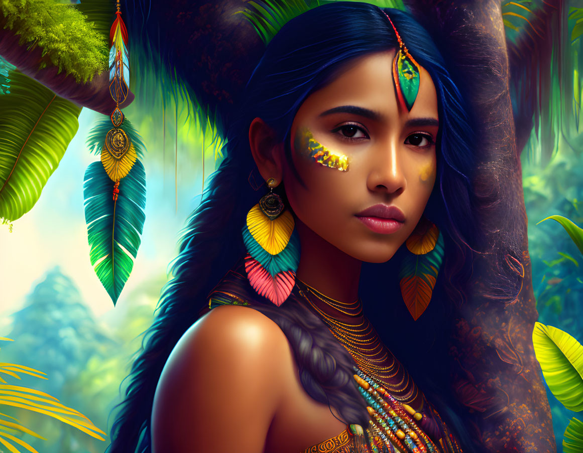 Vibrant woman with feather accessories, jewelry, and face paint in lush tropical setting