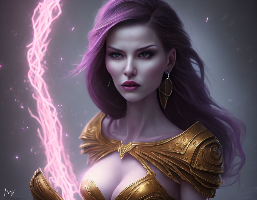 Digital Artwork: Woman with Purple Hair, Gold Armor, Intense Gaze, Pink Energy