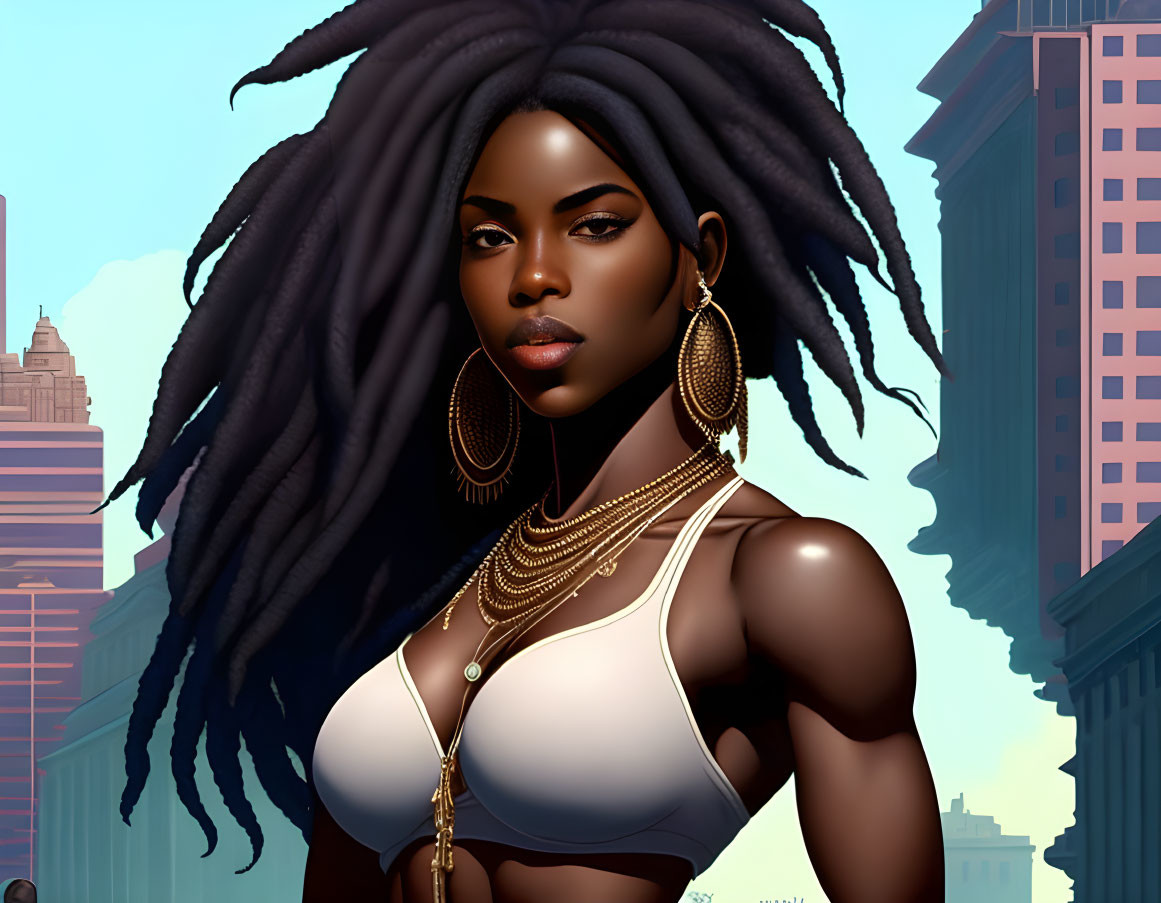 Woman with twist dreadlocks and gold earrings in digital art.