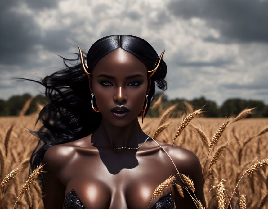 Dark-skinned woman in bold makeup amidst golden wheat with horn-like accessories