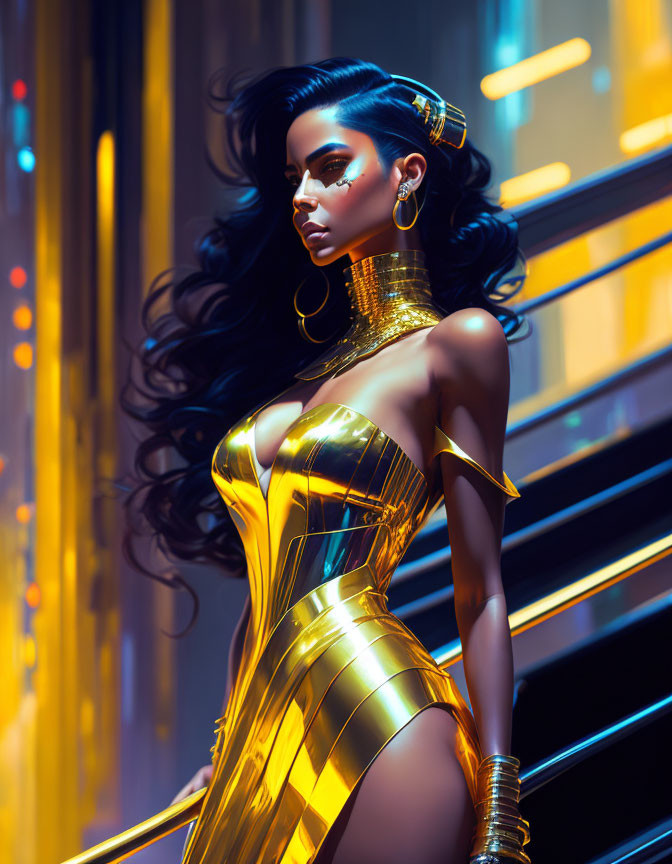 Digital artwork: Woman in futuristic attire on neon-lit steps