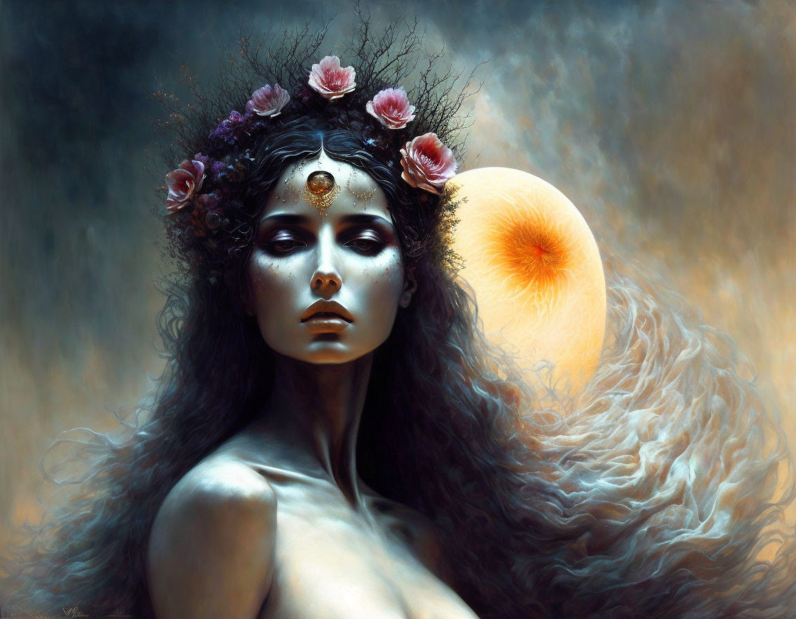 Mystical woman with floral crown and glowing orb in smoky background