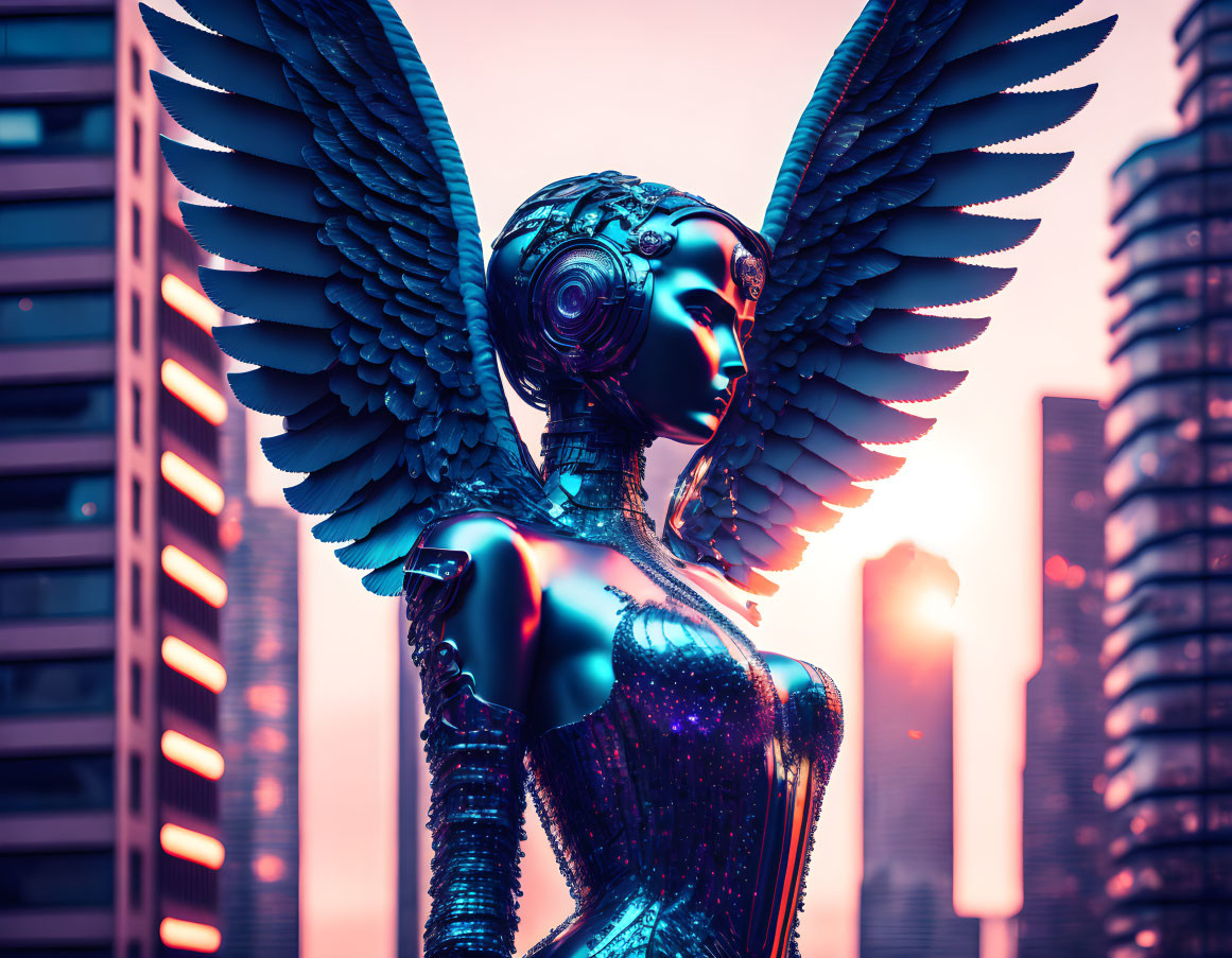 Futuristic robotic angel with wings in pink and blue cityscape