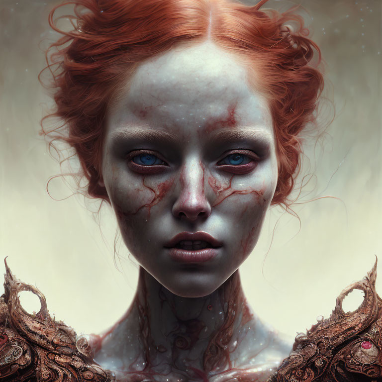 Ethereal figure with blue eyes and red hair against muted backdrop