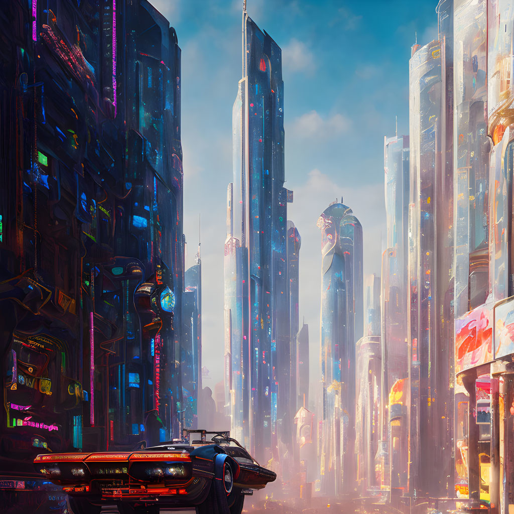 Futuristic cityscape with skyscrapers, neon signs, and hovering car