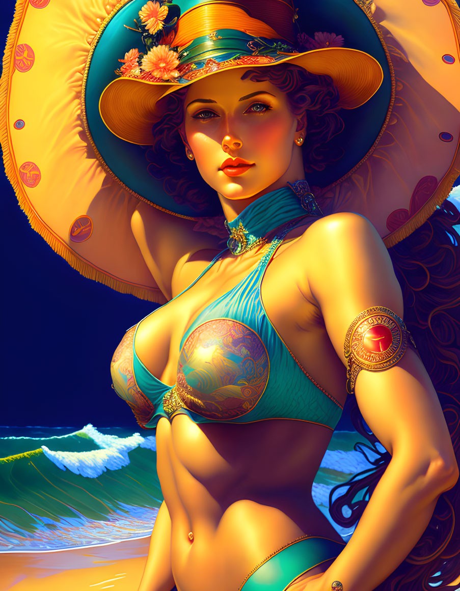 Stylized illustration of woman in wide-brimmed hat and teal bikini with tattoos by ocean