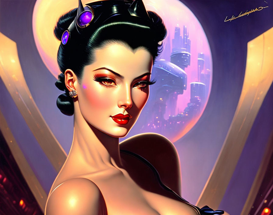 Vibrant retro-futuristic digital artwork of a woman in cityscape.