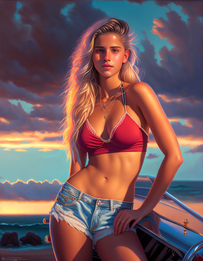 Digital artwork: Woman in red bikini top and denim shorts at beach sunset