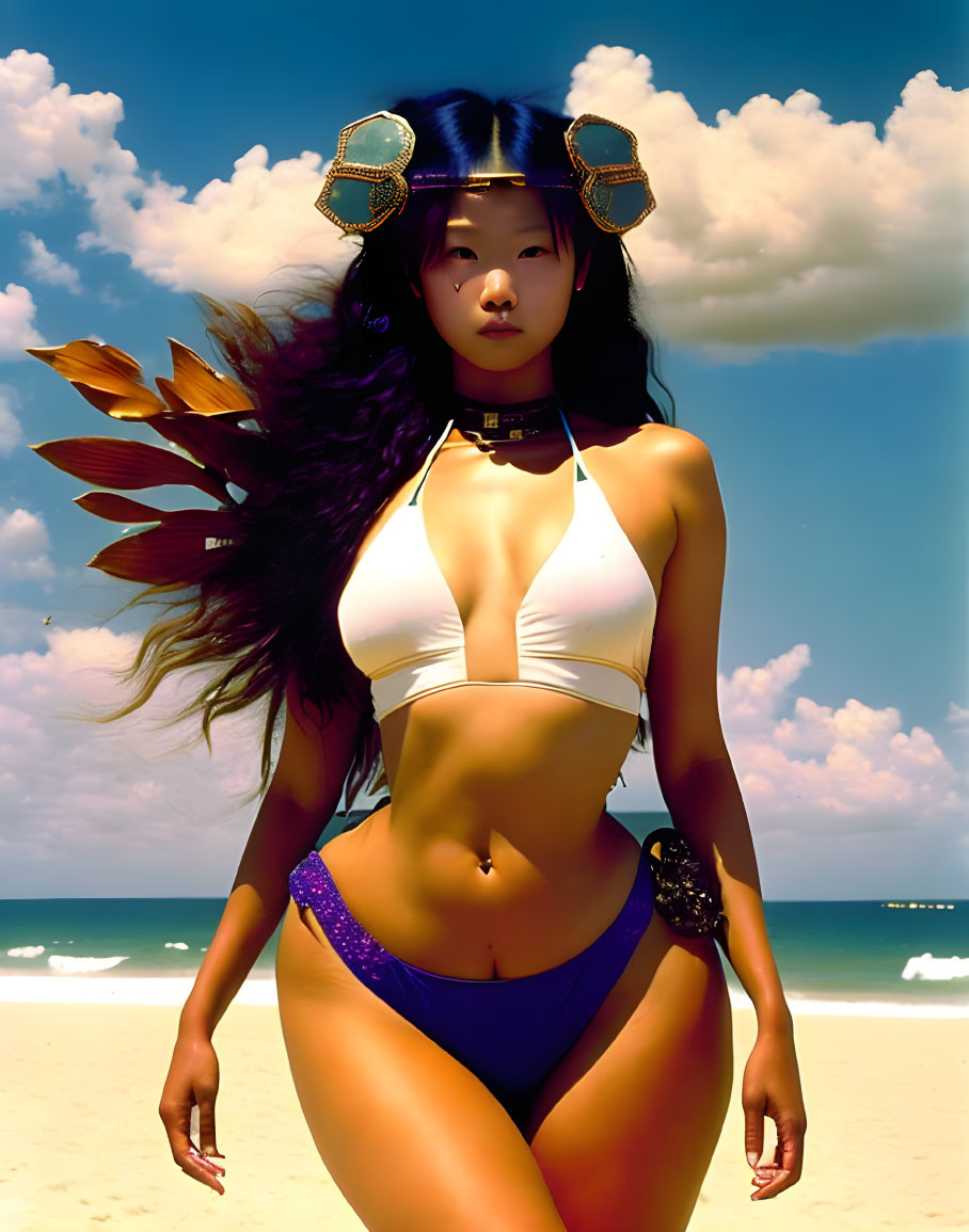 Woman in White and Purple Bikini on Sunny Beach with Unique Sunglasses and Feathered Adornment