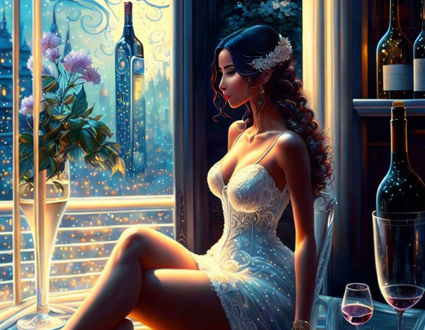 Digital artwork: Woman in white dress by night city window with wine bottle.