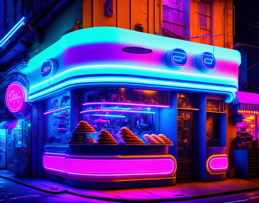 Neon-lit bakery storefront with pastries in glass display