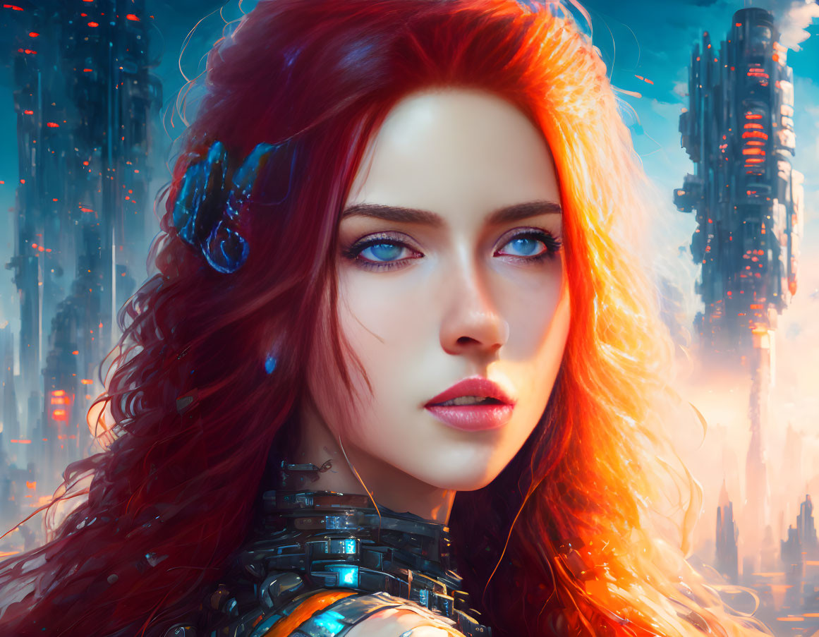 Red-haired Woman with Blue Eyes in Futuristic Setting