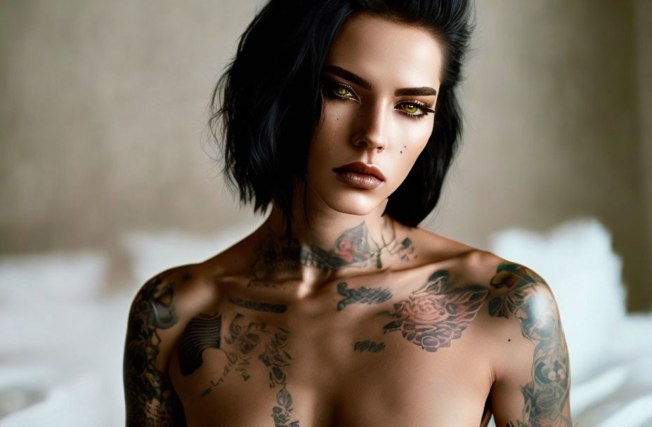 Dark-haired woman with tattoos gazes at camera, body adorned with ink designs