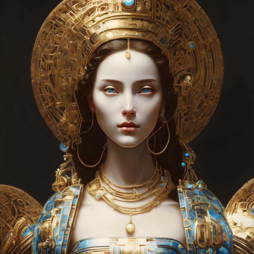 Futuristic female figure in ornate blue and gold armor with golden halo headdress