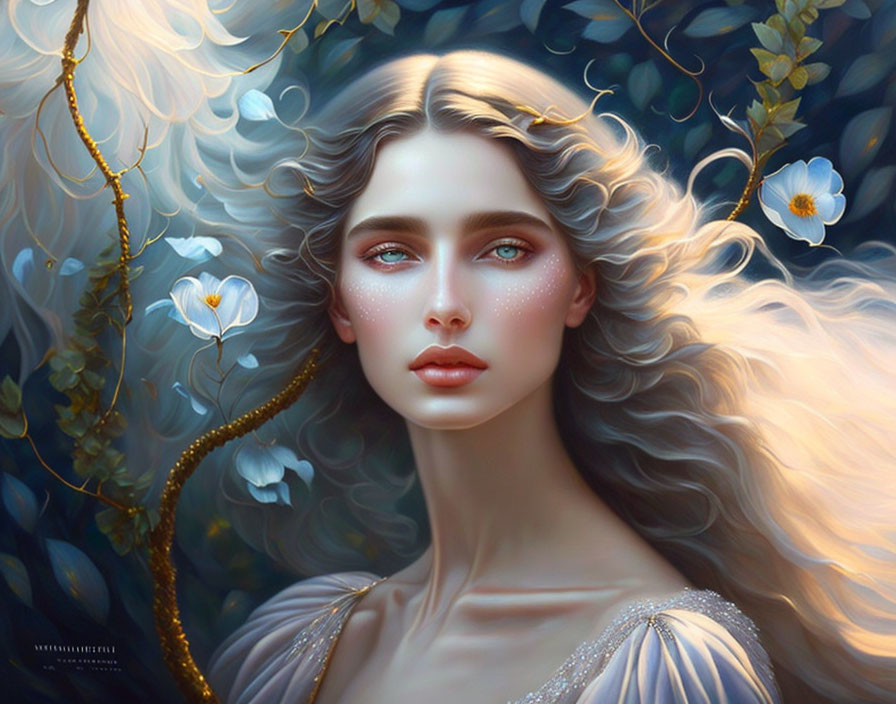 Digital painting of woman with blonde hair and blue eyes among delicate flowers