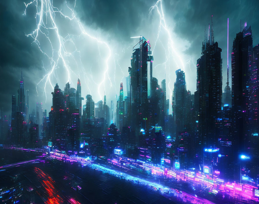 Futuristic cityscape with neon lights and lightning strikes at night