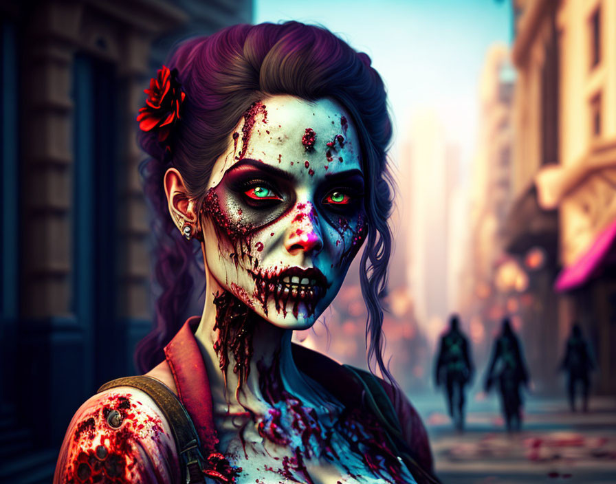 Female zombie with intricate makeup and red flower on city street.