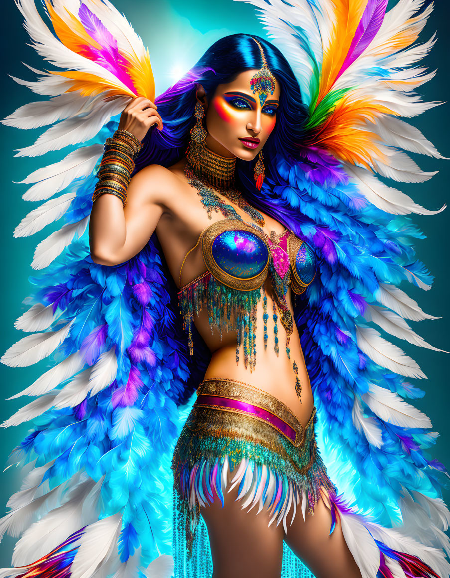 Colorful feather costume digital artwork of a mystical woman