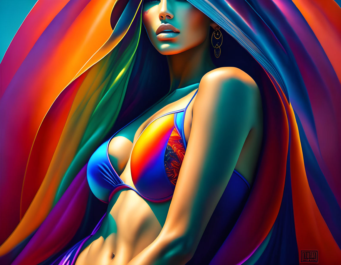 Colorful digital artwork: Woman in bikini and cloak with flowing hair