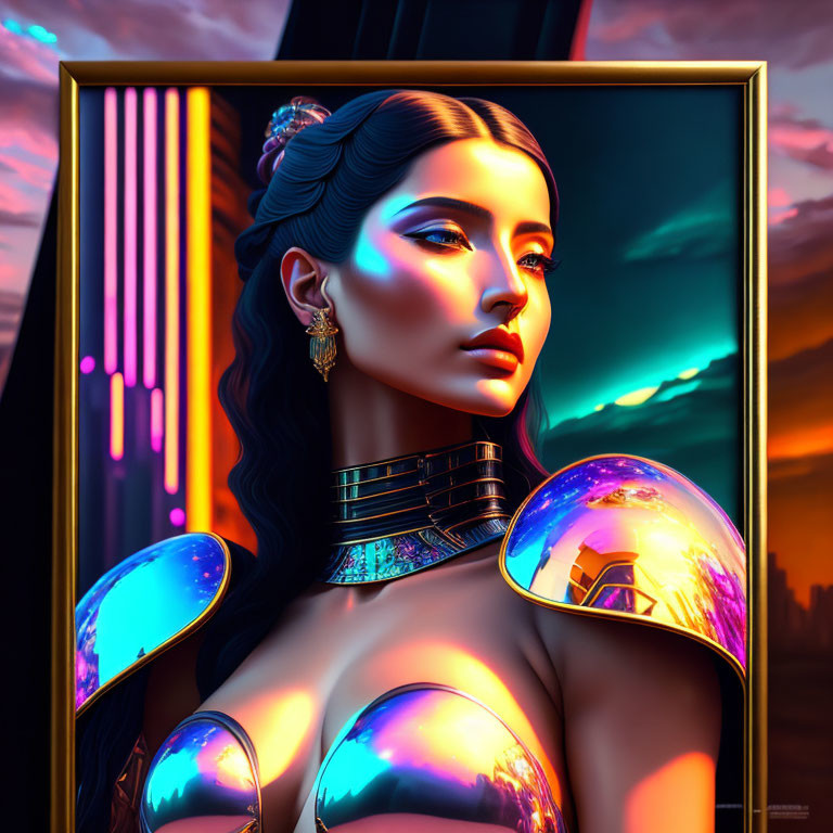 Futuristic portrait of woman in metallic attire against neon backdrop