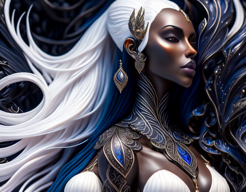 Detailed Fantasy Portrait of Woman in Gold and Blue Armor