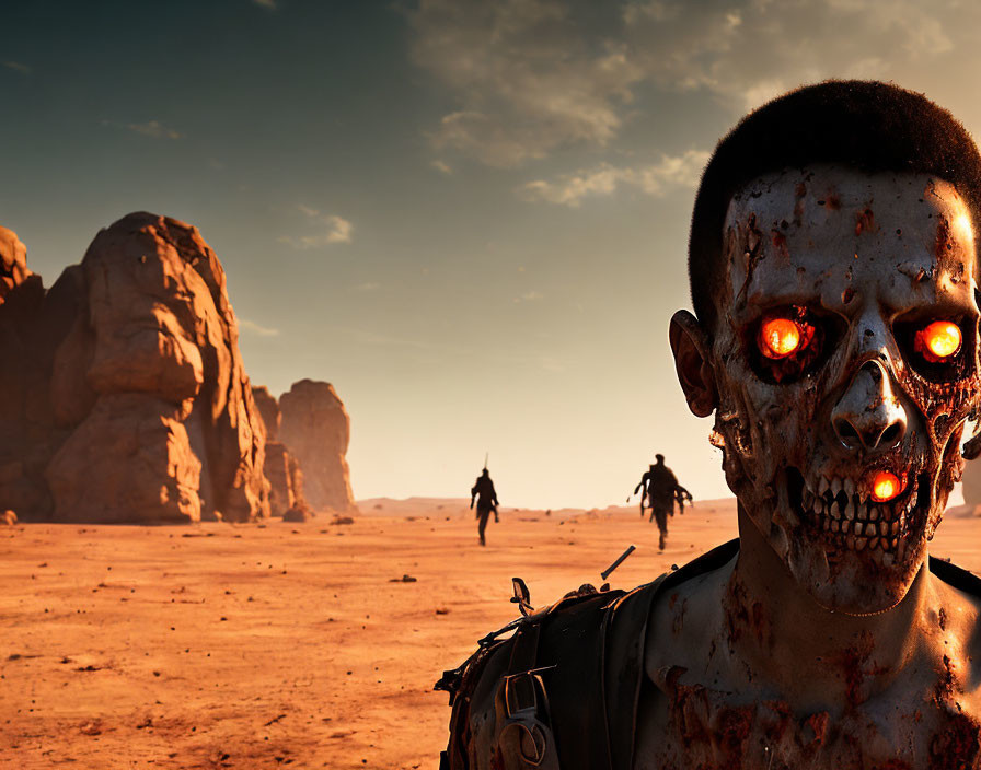 Menacing zombie with red glowing eyes in desert landscape