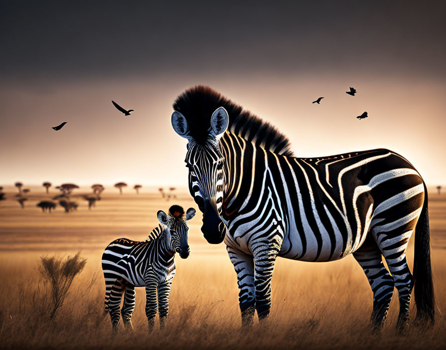 Zebra and Foal in Golden Savanna at Dusk