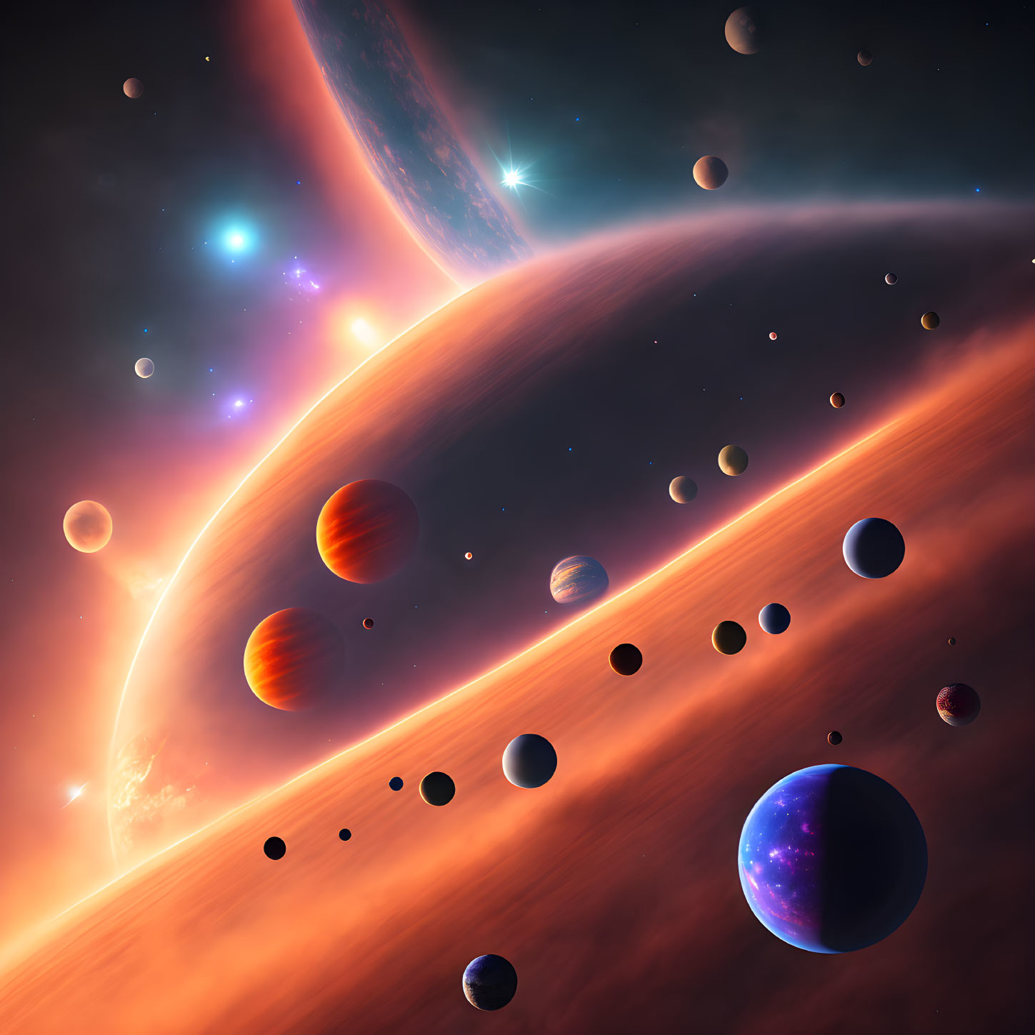 Colorful cosmic scene with planets, moons, swirling galaxy, and radiant stars