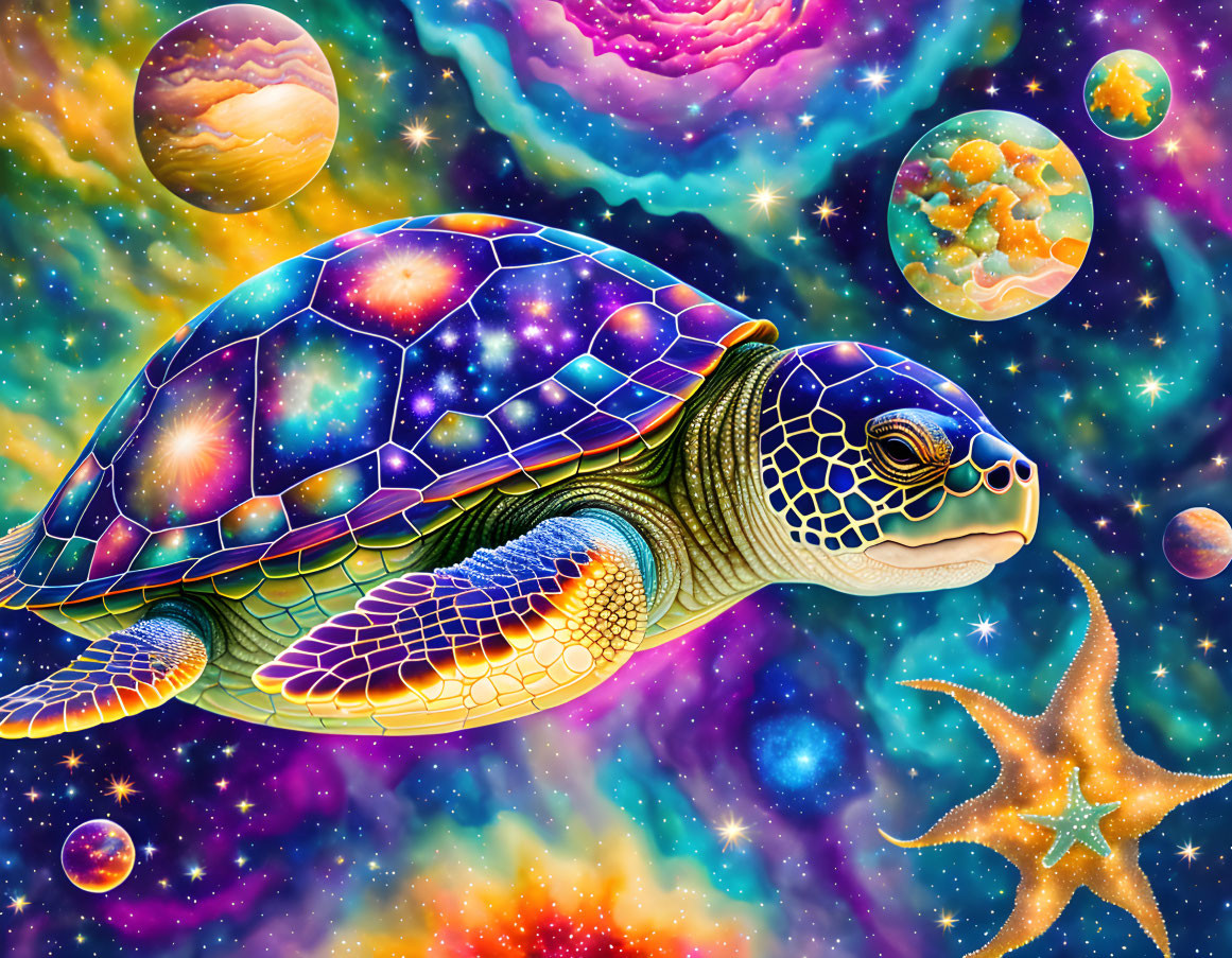 Colorful cosmic turtle and starfish illustration among swirling galaxies