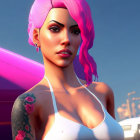 3D-rendered image of woman with pink hair and tattoos in white top with pink car and sunset