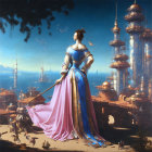 Regal woman in blue armor with pink skirt in fantastical cityscape