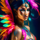 Colorful portrait of a woman with feather headdress and body art