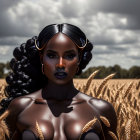 Dark-skinned woman in bold makeup amidst golden wheat with horn-like accessories