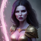 Digital Artwork: Woman with Purple Hair, Gold Armor, Intense Gaze, Pink Energy