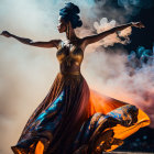 Elegant dancer in vibrant gown and ornate headdress poses in swirling smoke