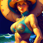 Stylized illustration of woman in wide-brimmed hat and teal bikini with tattoos by ocean