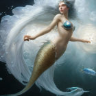 Mermaid with white hair and golden scales in underwater scene