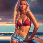 Digital artwork: Woman in red bikini top and denim shorts at beach sunset