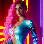 Futuristic female android with neon highlights and cybernetic limbs in vibrant neon setting