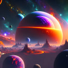 Colorful space scene with planets, nebula, mountains, and starlit sky