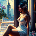 Digital artwork: Woman in white dress by night city window with wine bottle.