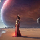 Regal woman on alien beach with large planets in sky