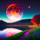 Detailed red moon dominates vibrant lakeside nightscape