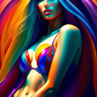 Colorful digital artwork: Woman in bikini and cloak with flowing hair