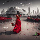 Woman in red dress amid roses gazes at futuristic cityscape