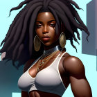 Woman with twist dreadlocks and gold earrings in digital art.