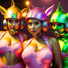 Three Women in Colorful Futuristic Outfits with Bunny Ears Headgear