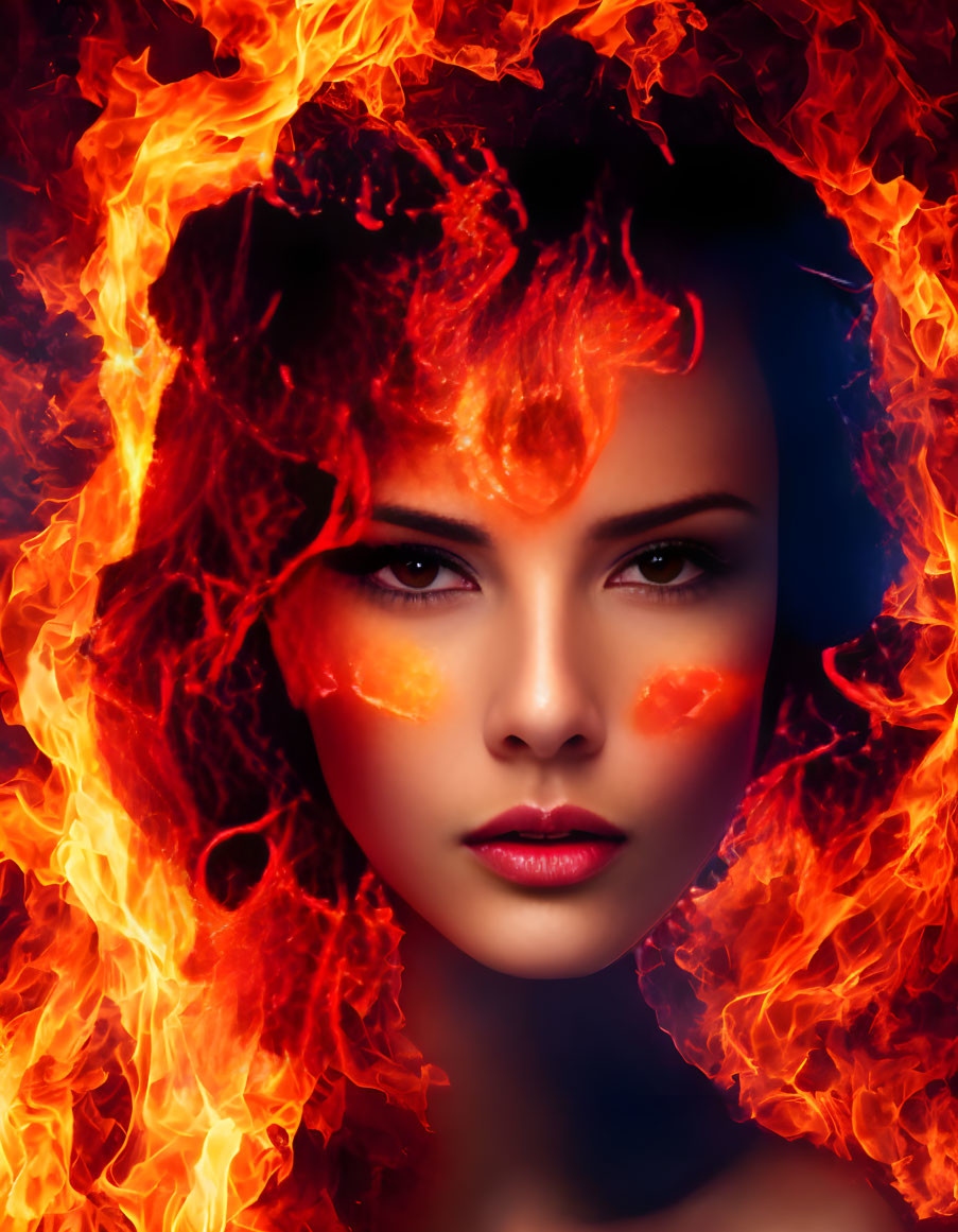 Intense-eyed woman portrait engulfed in fiery flames