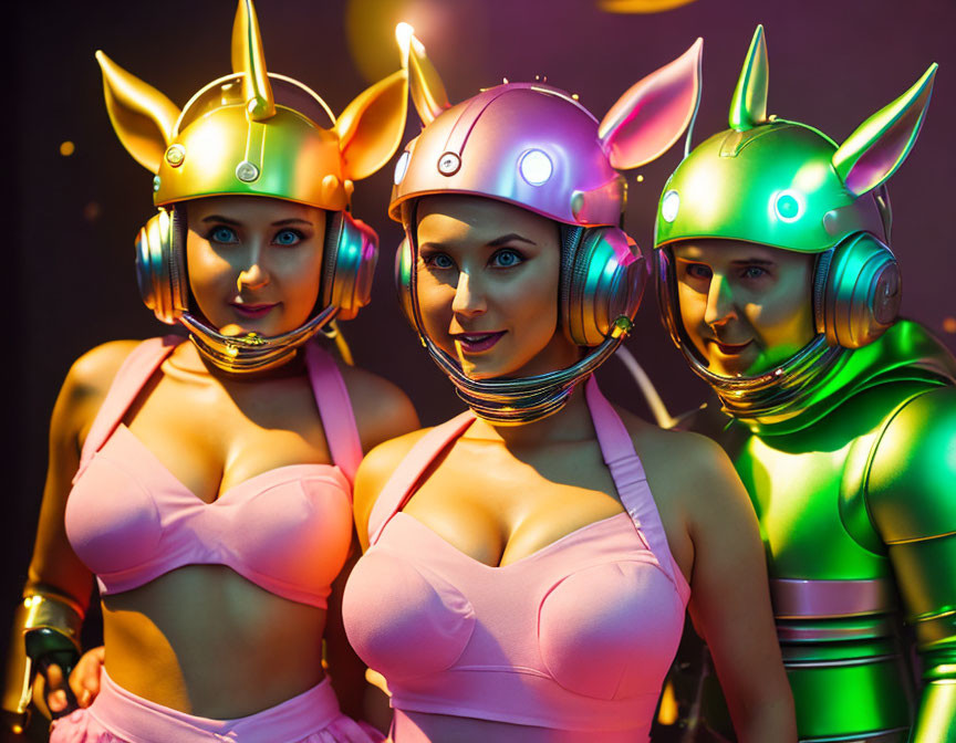 Three Women in Colorful Futuristic Outfits with Bunny Ears Headgear