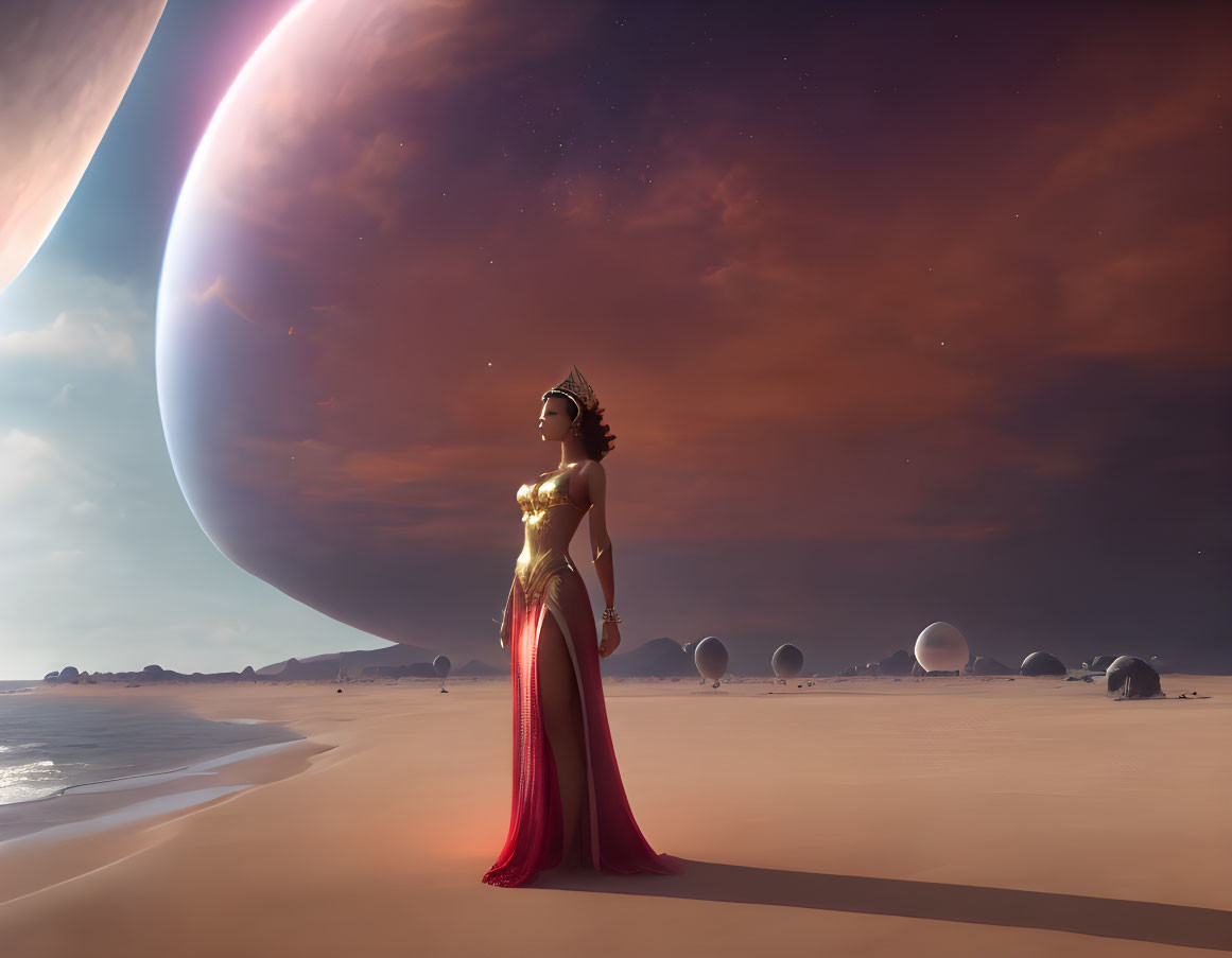 Regal woman on alien beach with large planets in sky